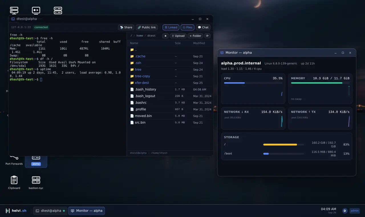 The helvi.sh desktop: a live SSH terminal with linked file panel, and a system monitor window